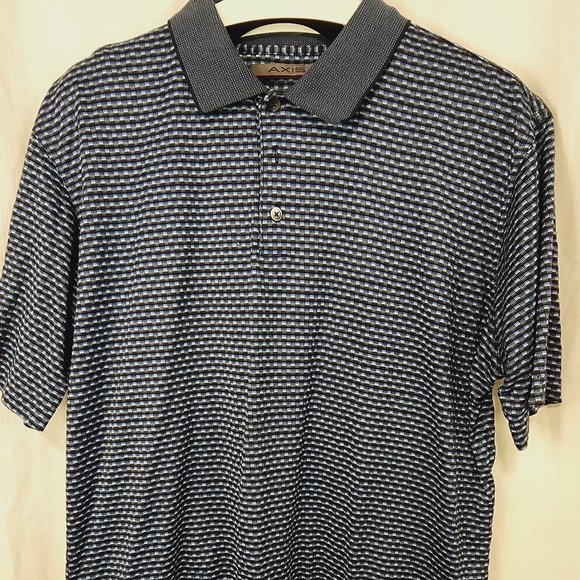 Axis blue/gray/black geo pattern with contrasting collar polo, size Large. - Picture 1 of 6